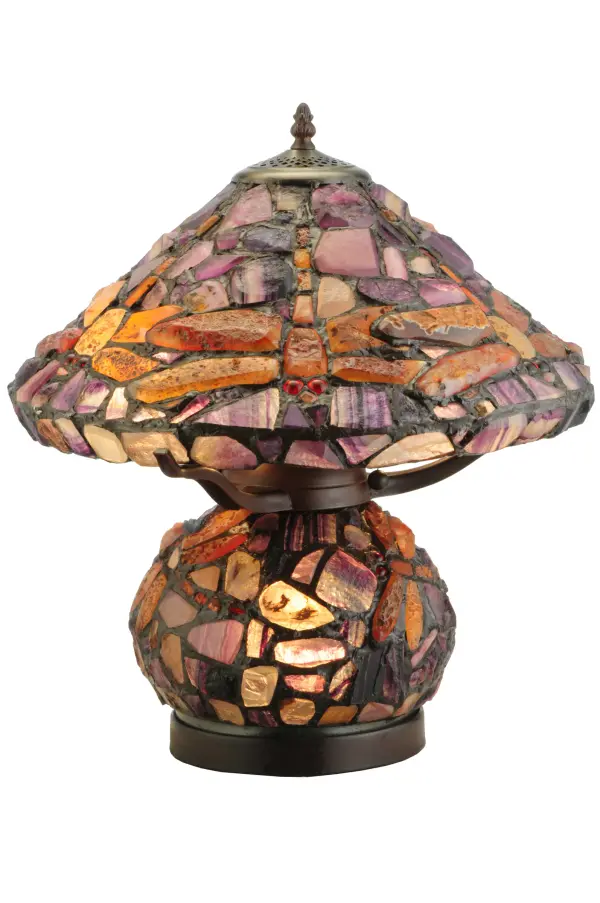 The Dragonfly re-creates Tiffany Studio's most beloved designs in all of its splendor. Stunning Agate Dragonflies fly and dive with glowing Red jeweled eyes and delicate Sunset Agate wings over copperfoiled pieces of Purple; Violet; Golden and Silver-colored natural Agate stones. The shade is created with Meyda Tiffany's famous copperfoil construction process and complemented with a matching Agate stone base.