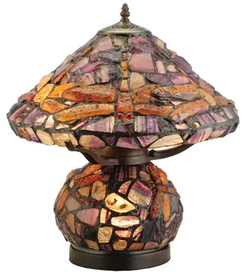 The Dragonfly re-creates Tiffany Studio's most beloved designs in all of its splendor. Stunning Agate Dragonflies fly and dive with glowing Red jeweled eyes and delicate Sunset Agate wings over copperfoiled pieces of Purple; Violet; Golden and Silver-colored natural Agate stones. The shade is created with Meyda Tiffany's famous copperfoil construction process and complemented with a matching Agate stone base. - alternate view