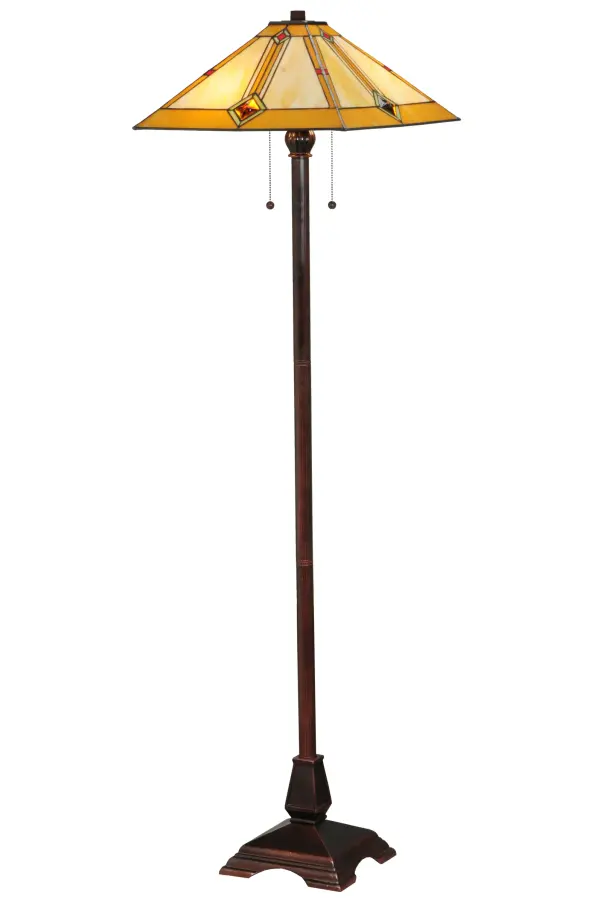 Simple clean lines and a geometric shape are the hallmark of this Mission styled table lamp. The shade is Beige with Honey trim; with Green glass surrounding the Amber cast glass jewel and an Orange diamond. The floor base is hand finished in a warm Mahogany Bronze and supports a shade that is handcrafted using the same technique as the Louis Comfort Tiffany Studio.