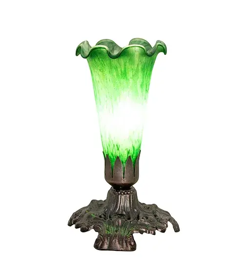 Re-creating Tiffany's famous Favrile design from the early 1900's... This mini lamp offers an attractive; delicate design featuring a shade that is mouth blown of fine Green art glass. The Lily shade is seated in an elegant Victorian cast metal base finished by hand in Mahogany Bronze. The Pond Lily Victorian Mini Lamp is included in our American designed; handcrafted Favrile Lighting Collection. UL and cUL Listed for dry locations. Each shade is a unique work of art with color variations based on natural ingredients inherent in the glass. Contact us if color matching is critical when ordering multiple items. - alternate view