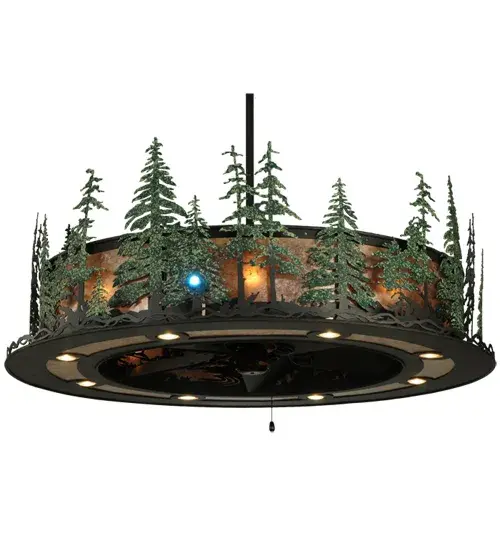 A fan-tastic decorating idea for a home; retailer or hospitality location; this dual-function lighting-fan innovation features energy efficient illuminating technologies. A handsome Silver Mica diffuser is complemented with Green finished Tall Pine trees design and Wrought Iron finished hardware. This modern marvel is engineered with eight inner lamps for decorative illumination; eight down lights for task lighting; four up lights for ambient lighting; and one LED spotlight. This fixture is handcrafted in Yorkville; New York by Meyda artisans. In summer; the fan pushes down a windchill that circulates to keep the space cool and comfortable. In winter; the fan is reversed to pull the room air up towards the ceiling and force the warm air back down and circulate to create warmth. Custom sizes; styles and colors; as well as dimmable lamping options; are offered. - alternate view