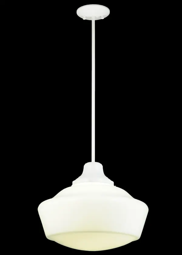 The Revival Schoolhouse glass reflects an authentic classic design. A perfectly formed shade is handcrafted of White Opal Schoolhouse Glass with rich artisanship and style. Originally used in private residences, schools, galleries and libraries, this Schoolhouse electrical reproduction pendant is stem hung and will illuminate a broad range of interiors today. The Brass pendant is enhanced with a White finish and provides ambient lighting. The Revival Traditional Globe Pendant is featured in our American designed, handcrafted Schoolhouse Lighting Collection. UL and cUL listed for dry and damp locations. Collection: Revival Finish: White Glass: White Opal Glass Width: 16.00" Height: 36.00" Length: 16.00" Weight: 11.00 lb Extension from Wall: 5.50" Number of Bulbs: 1 Maximum Wattage: 12.00 W Bulb Type: A19 Bulb Base: GU24 Light Source: LED Material: Metal Country of Origin: USA Safety Listing: Damp Safety Rating: Damp Energy Efficient LED