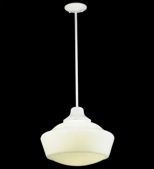 The Revival Schoolhouse glass reflects an authentic classic design. A perfectly formed shade is handcrafted of White Opal Schoolhouse Glass with rich artisanship and style. Originally used in private residences, schools, galleries and libraries, this Schoolhouse electrical reproduction pendant is stem hung and will illuminate a broad range of interiors today. The Brass pendant is enhanced with a White finish and provides ambient lighting. The Revival Traditional Globe Pendant is featured in our American designed, handcrafted Schoolhouse Lighting Collection. UL and cUL listed for dry and damp locations. Collection: Revival Finish: White Glass: White Opal Glass Width: 16.00" Height: 36.00" Length: 16.00" Weight: 11.00 lb Extension from Wall: 5.50" Number of Bulbs: 1 Maximum Wattage: 12.00 W Bulb Type: A19 Bulb Base: GU24 Light Source: LED Material: Metal Country of Origin: USA Safety Listing: Damp Safety Rating: Damp Energy Efficient LED - alternate view