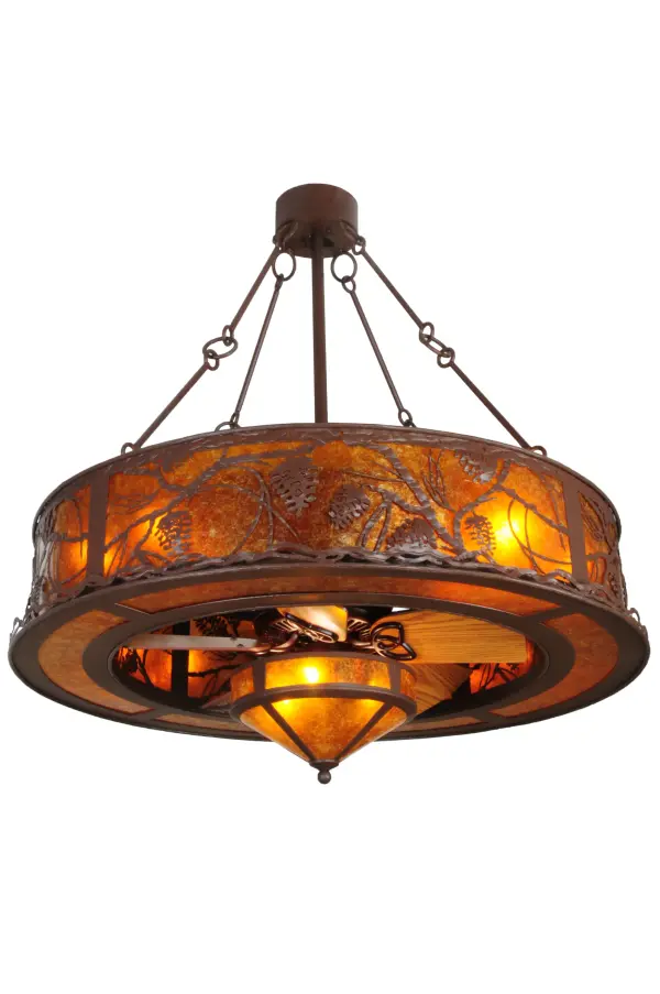 Whether we you call it the award-winning Chandel-Air or a Fan-deLight; you can be the first kid on the block to enjoy the ambiance of light diffused through the Amber Mica panels featuring stunning pinecones and pine branches. Gentle breezes are produced from the 30-inch Fan with Light Oak blades spinning quietly in the center. This unique fixture is hand finished in a handsome Cafe Noir and handcrafted by Meyda artisans in Yorkville NY. Additional Amber Mica Fan Light attached to the bottom of the fixture. Can be adjusted to accommodate flat or vaulted ceilings of any pitch or height. Operates with optional 2-circuit remote control with 3-speed fan control and dimming capabilities up to 200w maximum.