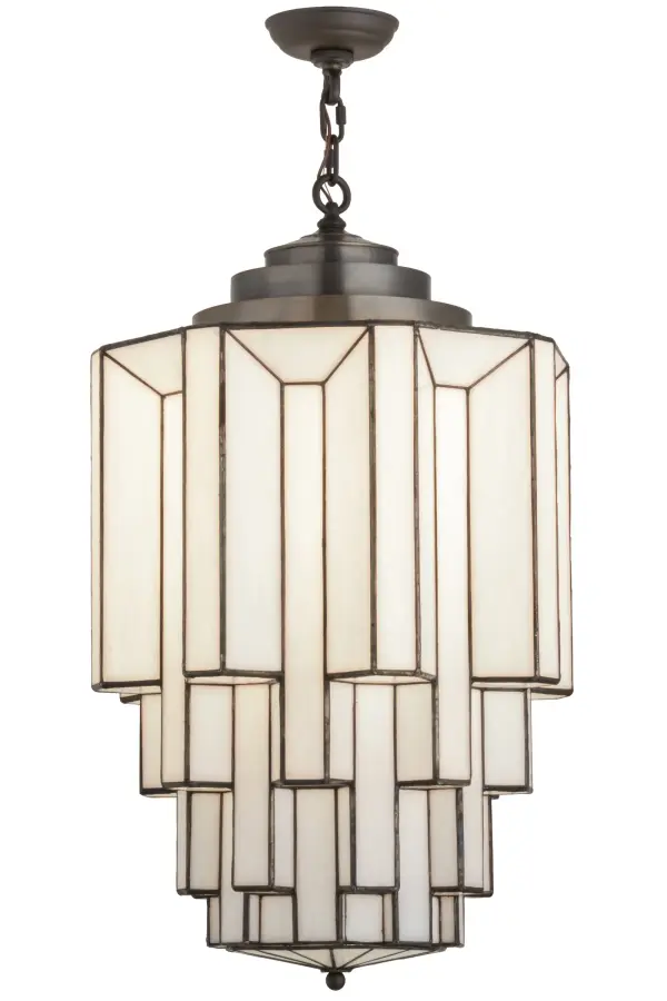 Designed with the glitz and glam of old fashioned movie theaters, Paramount evokes a romantic allusion with a dramatic lighting design that features art glass created using our famous copperfoil construction. Multi layers and levels of enclosed glass cylinders create an extraordinary dimensional effect. A three-step hub, finished in Highlighted Light Craftsman Brown crowns the shade. Handcrafted in the USA, this fixture is offered in custom sizes, styles and colors. UL and cUL listed for dry and damp locations. Collection: Paramount Finish: Light Craftsman Brown W/Highights Glass: White Art Glass Width: 18.00" Height: 34.00" Length: 18.00" Weight: 29.00 lb Number of Bulbs: 1 Maximum Wattage: 12.00 W Bulb Type: A19 Bulb Base: GU24 Light Source: LED Material: Brass Country of Origin: USA Safety Listing: Damp Safety Rating: Damp Energy Efficient LED