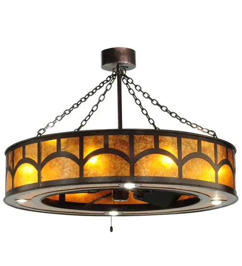 A fan-tastic, energy efficient decorating idea for a home, retail or hospitality location, this unique custom crafted Chandel-Air is accentuated with an abstract hilltop design on stunning Amber Mica. The diffuser is complemented with hardware and accents featured in a Copper Vein finish. This modern marvel includes eight inner lights for decorative illumination, four uplights that provide ambience, and four downlights for task lighting. This fixture is handcrafted by Meyda artisans at the foothills of the Adirondack Mountains. In summer, the fan pushes down a windchill that circulates to keep the space cool and comfortable. In winter, the fan is reversed to pull the room air up towards the ceiling and force the warm air back down and circulate to create warmth. Custom sizes, styles and colors, as well as dimmable energy efficient lamping options, are offered. Collection: Mission Finish: Copper Vein Glass: Amber Mica Width: 44.00" Height: 30.00" Length: 44.00" Weight: 88.00 lb Number of Bulbs: 8 Maximum Wattage: 60.00 W Bulb Type: MR16 Bulb Base: E26 Light Source: LED Material: Steel Country of Origin: USA Safety Listing: Damp Safety Rating: Damp LED - alternate view
