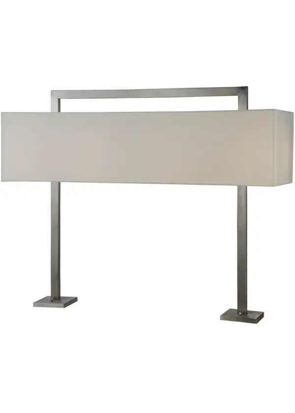 Sophisticated, handsome, and proportional. Designed to be surface mounted and hardwired to surfaces such as tables, bars, and counters, this table lamp is ideal for illuminating homes, taverns, offices, and public spaces. The stunning lamp pairs a Cream Textrene shade with a frame and hardware featuring a Brushed Nickel finish. The College OblongTable Lamp is included in our American-made, American-designed, handcrafted Modern Lighting Collection. UL and cUL are listed for dry locations, however, we do not recommend installing it in spaces that experience a large amount of moisture due to the fabric shade. Our portable lamps seamlessly combine elegance and function, offering accent, ambient, task, and decorative lighting for any space. Perfect for cozy nooks, stylish bedside setups, or as focal points, these lamps bring warmth and sophistication to luxurious and contemporary interiors alike. Featured at the Hampton Inn in State College, Pennsylvania. Collection: State College Finish: Brushed Nickel Glass: Laura Cream Width: 16.00" Height: 39.00" Length: 48.00" Weight: 25.00 lb Extension from Wall: 16.00" Number of Bulbs: 4 Maximum Wattage: 60.00 W Bulb Type: A19 Bulb Base: Medium Material: Steel Country of Origin: USA Safety Listing: Damp Safety Rating: Damp
