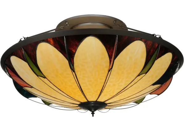 This stunning ceiling fixture features a beautiful bent glass design; capturing Beige floral petals with Green accents on a Bark Brown and Orange background. The fixture is enhanced with a Timeless Bronze finish. This ceiling fixture can be placed above tables in dining and kitchen spaces in fine homes and hotels from Shelter Island; New York; to Columbus; Ohio; to Palm Springs; California. The Cowette Semi-Flushmount is included in our American-made; American-designed; handcrafted Quality Bent Glass Collection and manufactured in Yorkville; New York. UL and cUL listed for dry and damp locations. The Quality Bent Glass division of Meyda Tiffany has been in the making for over 100 years. The company revolutionized the manufacturing process for high-temperature glass forming by custom building production capacity glass forming ovens and kilns. Today; we are still creating timeless masterpieces using tools and methods from when we supplied Tiffany Studios.