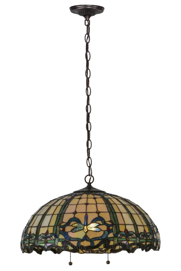 Tiffany?s beloved design recreated with a diving dragonfly as the focal point of this nouveau design in Blue/Green Ripple glass on a Bone Beige background; with Amber jewels and Ruby Red accents. The shade created with Meyda Tiffany?s famous copperfoil construction process.