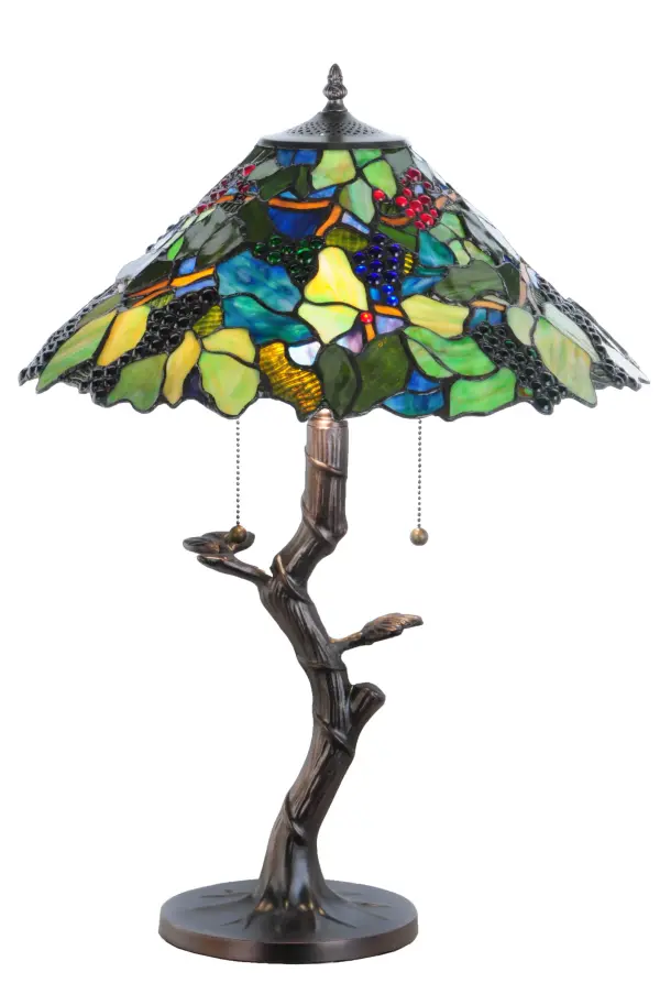 Whet your appetite with color. Spiraling Concord Purple jeweled grape clusters; tasty Ruby Red cherries; Green apples; Vineyard Green grapes and Yellow leaves and Golden Rod vines are depicted on a Blue Sky background in this beautiful stained glass lampshade. A crooked Apple tree styled base finished in Mahogany Bronze complements the shade.