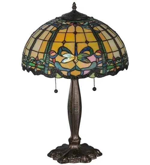 The Dragonfly re-creates Tiffany Studio`s most beloved designs in all of its splendor. A stunning Dragonfly flies and dives with glowing Golden Yellow glass eyes, a Sky Blue tail and delicate Blue, Yellow and Green glass wings over hand-cut and copperfoiled pieces of a Blue/Green scroll-like border. The Beige Iridescent glass background is separated by White swirled pieces, and accented with Golden glass jewels. The shade is complemented with a Mahogany Bronze finished base. Collection: Dragonfly Finish: Mahogany Bronze Glass: Ruby,Sunflower,Green,Blue,Iridescent Width: 16.00" Height: 24.00" Length: 16.00" Weight: 8.50 lb Extension from Wall: 4.00" Number of Bulbs: 2 Maximum Wattage: 60.00 W Bulb Type: A19 Bulb Base: E26 Material: Zinc Country of Origin: CHINA Safety Listing: Damp Safety Rating: Damp