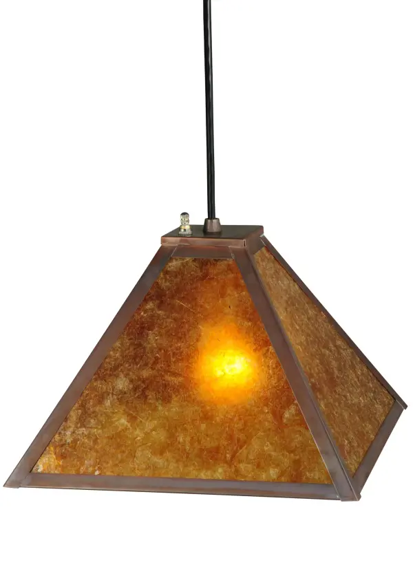 Inspired by the popular Mission revival movement; this handsome minimalist design features welcoming light-evoked through stunning Amber Mica. The decorative shade is enhanced by Solid Copper hardware and straight line accents offered in a Vintage Copper finish. The overall height of this pendant ranges from 12 to 120 inches and the hang-straight cord length can be easily adjusted in the field to accommodate your specific lighting application needs. This ceiling pendant is handcrafted by highly skilled artisans in our 180;000 square foot manufacturing facility at the foothills of New York's Adirondack Mountains. Custom colors; sizes; and styles are available. Dimmable energy efficient options such as LED are offered. The 12-inch square fixture is UL and cUL listed for damp and dry locations.