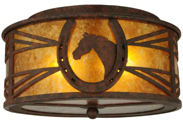 A horse portrait framed with a lucky horseshoe encircles this handsome ceiling fixture. Beautiful ambient light projects through stunning Amber Mica accented by a geometric design styled after fencing commonly found at horse stables. Decorative hardware; frame and accents are enhanced in a Rusty Nail finish. Perfect for game rooms; man caves and equestrian centers; as well as other residential and commercial spaces. Handcrafted by highly skilled artisans in the USA. Custom sizes; styles and colors are available. Energy efficient lamping options such as LED are offered. This fixture is UL and cUL listed for damp and dry locations.