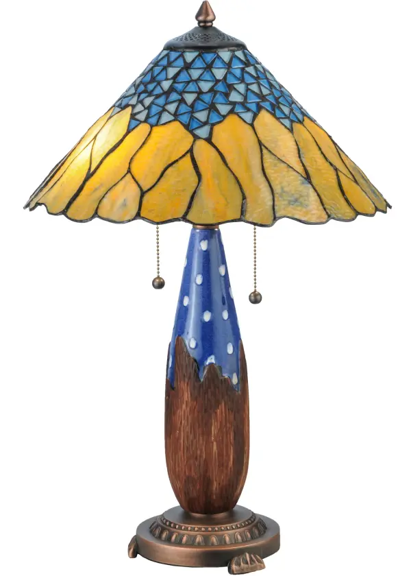 Like a sculptor chiseling out a masterpiece; this artwork reveals a Blue diamond styled mosaic in art glass that crowns a Rippled glass shade; which is featured in hues of Gold with Blue streaks. This unique art glass shade is created with Meyda Tiffany?s famous copper foil construction process; and the extraordinary Ceramic and Mahogany Bronzed metal base features a Wedgewood Blue form accented with White dabs popping out of a nutshell.