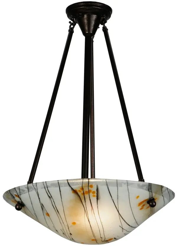 Italian for small branches or twigs. The Ramoscelli Glass ceiling fixture features an abstract expressionist lighting design. Inspired by bare trees against a Winter White sky, this inverted shade highlights innovative Fused Glass. White Iridescent glass is accented with Black Twig-like streamers fused and Yellow accents for a striking look. The pendant is complemented with a Copper Vein finish. Traditional workmanship, high fire kilns and original tools are used to fuse glass in our 180,000 square foot manufacturing facility in Yorkville, New York. Shade colors, metal finishes and fixture sizes can be customized to your needs. UL and cUL listed for dry and damp locations Collection: Metro Fusion Finish: Copper Vein Glass: White Irid/Black/Amber Frit Width: 18.00" Height: 26.00" Length: 18.00" Weight: 13.00 lb Number of Bulbs: 2 Maximum Wattage: 60.00 W Bulb Type: A19 Bulb Base: E26 Material: Steel/Brass Country of Origin: USA Safety Listing: Damp Safety Rating: Damp