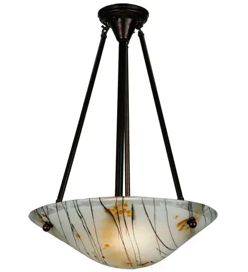 Italian for small branches or twigs. The Ramoscelli Glass ceiling fixture features an abstract expressionist lighting design. Inspired by bare trees against a Winter White sky, this inverted shade highlights innovative Fused Glass. White Iridescent glass is accented with Black Twig-like streamers fused and Yellow accents for a striking look. The pendant is complemented with a Copper Vein finish. Traditional workmanship, high fire kilns and original tools are used to fuse glass in our 180,000 square foot manufacturing facility in Yorkville, New York. Shade colors, metal finishes and fixture sizes can be customized to your needs. UL and cUL listed for dry and damp locations Collection: Metro Fusion Finish: Copper Vein Glass: White Irid/Black/Amber Frit Width: 18.00" Height: 26.00" Length: 18.00" Weight: 13.00 lb Number of Bulbs: 2 Maximum Wattage: 60.00 W Bulb Type: A19 Bulb Base: E26 Material: Steel/Brass Country of Origin: USA Safety Listing: Damp Safety Rating: Damp - alternate view