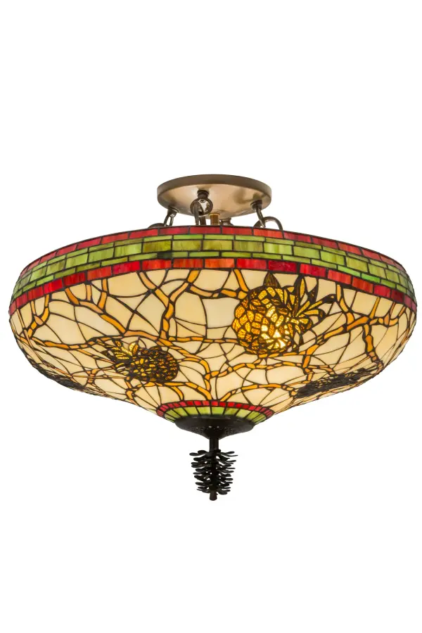 This stunning design features the iconic Pinecone, one of Mother Nature's most compelling organic symbols, which offers a natural elegance and represents the evolution of human enlightenment. Burgundy and Leaf Green bands edge this woodland shade that highlights Light Brown pinecones and Golden Sun branches on a Beige art glass shade. The art glass shade, which is created using Meyda Tiffany's famous copperfoil construction process, is enhanced with hardware finished in Antique Copper and complemented with a matching Pinecone accent. Custom sizes, styles and energy efficient lamping options such as LED are available. Collection: Pinecone Finish: Antique Copper Glass: Ba Xag Br 59 Width: 24.00" Height: 19.00" Length: 24.00" Weight: 16.00 lb Extension from Wall: 6.00" Number of Bulbs: 4 Maximum Wattage: 60.00 W Bulb Type: A19 Bulb Base: E26 Material: Metal Country of Origin: USA Safety Listing: Damp Safety Rating: Damp