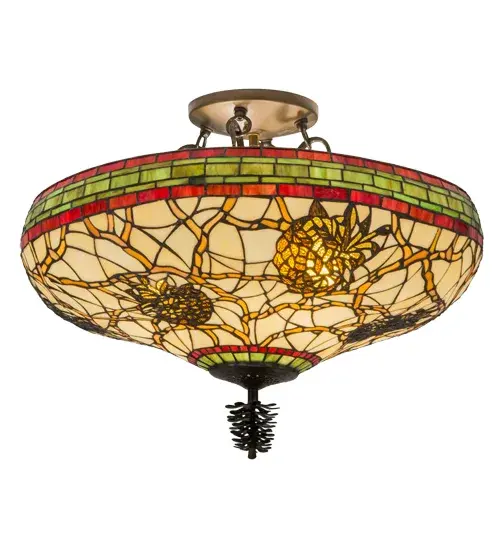 This stunning design features the iconic Pinecone, one of Mother Nature's most compelling organic symbols, which offers a natural elegance and represents the evolution of human enlightenment. Burgundy and Leaf Green bands edge this woodland shade that highlights Light Brown pinecones and Golden Sun branches on a Beige art glass shade. The art glass shade, which is created using Meyda Tiffany's famous copperfoil construction process, is enhanced with hardware finished in Antique Copper and complemented with a matching Pinecone accent. Custom sizes, styles and energy efficient lamping options such as LED are available. Collection: Pinecone Finish: Antique Copper Glass: Ba Xag Br 59 Width: 24.00" Height: 19.00" Length: 24.00" Weight: 16.00 lb Extension from Wall: 6.00" Number of Bulbs: 4 Maximum Wattage: 60.00 W Bulb Type: A19 Bulb Base: E26 Material: Metal Country of Origin: USA Safety Listing: Damp Safety Rating: Damp - alternate view