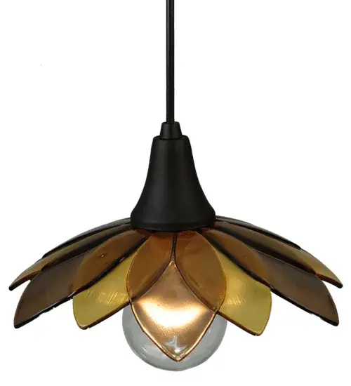 This lovely; floral-styled shade features six Bronze-colored; petal-shaped pieces of Kiln- Formed Art Glass; designed above six Amber glass petals. A single round Edison-style lamp illuminates the art glass petals. The Metro Fusion Bodnant Glass Mini Pendant is included in our American-made; American-designed; handcrafted Fused Glass Collection; which is manufactured in Yorkville; New York. Each shade is a unique work of art; featuring color variations derived from the natural ingredients inherent in the glass. The Fused Glass Collection was a natural addition to our product offerings; given our long-standing expertise in hot glass fabrication techniques; which we have mastered in our Quality Bent Glass division. Traditional workmanship; high-fire kilns; and original tools are used to slump and fuse glass in the old-world tradition. Pendants; sconces; and other fixtures feature unique glass textures and stunning color/design combinations. Sinks and countertops are extreme examples of these custom capabilities.