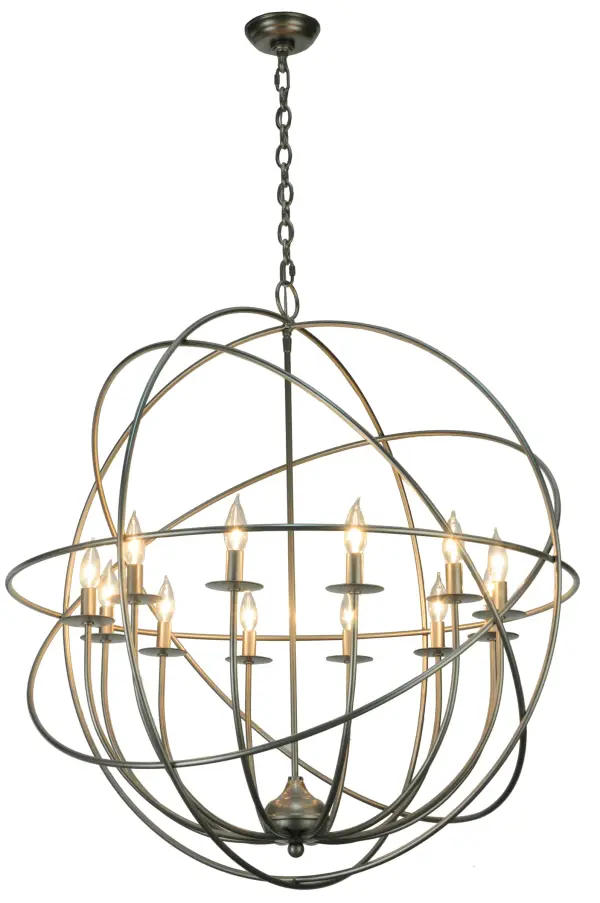 Like a complex gyroscopic structure, Pewter finished metal rings create a unique curvature pattern that evokes the illusion of revolutionary motion like a spinning gimbal rotating on its axis. The orbed frame envelops a smaller frame similar to one that represents atomic energy, which wraps around 12 complementary covered faux candlelights perched on matching bobeches. Custom crafted in our 180,000 square foot manufacturing facility in the USA, this fixture is available in custom colors, designs, and sizes, as well as dimmable energy efficient lamping options. The 36-inch wide fixture is UL and cUL listed for damp and dry locations. Collection: Atom Enerjisi Finish: Pewter Glass: Silver Width: 36.00" Height: 42.00" Length: 36.00" Weight: 15.00 lb Number of Bulbs: 12 Maximum Wattage: 40.00 W Bulb Type: B10 Bulb Base: E12 Material: Steel Country of Origin: USA Safety Listing: Damp Safety Rating: Damp