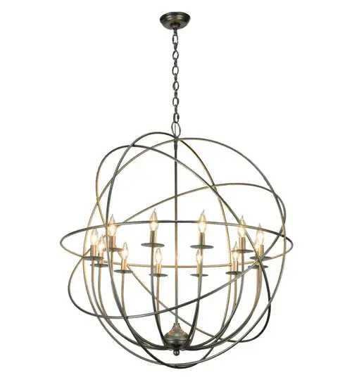 Like a complex gyroscopic structure, Pewter finished metal rings create a unique curvature pattern that evokes the illusion of revolutionary motion like a spinning gimbal rotating on its axis. The orbed frame envelops a smaller frame similar to one that represents atomic energy, which wraps around 12 complementary covered faux candlelights perched on matching bobeches. Custom crafted in our 180,000 square foot manufacturing facility in the USA, this fixture is available in custom colors, designs, and sizes, as well as dimmable energy efficient lamping options. The 36-inch wide fixture is UL and cUL listed for damp and dry locations. Collection: Atom Enerjisi Finish: Pewter Glass: Silver Width: 36.00" Height: 42.00" Length: 36.00" Weight: 15.00 lb Number of Bulbs: 12 Maximum Wattage: 40.00 W Bulb Type: B10 Bulb Base: E12 Material: Steel Country of Origin: USA Safety Listing: Damp Safety Rating: Damp - alternate view