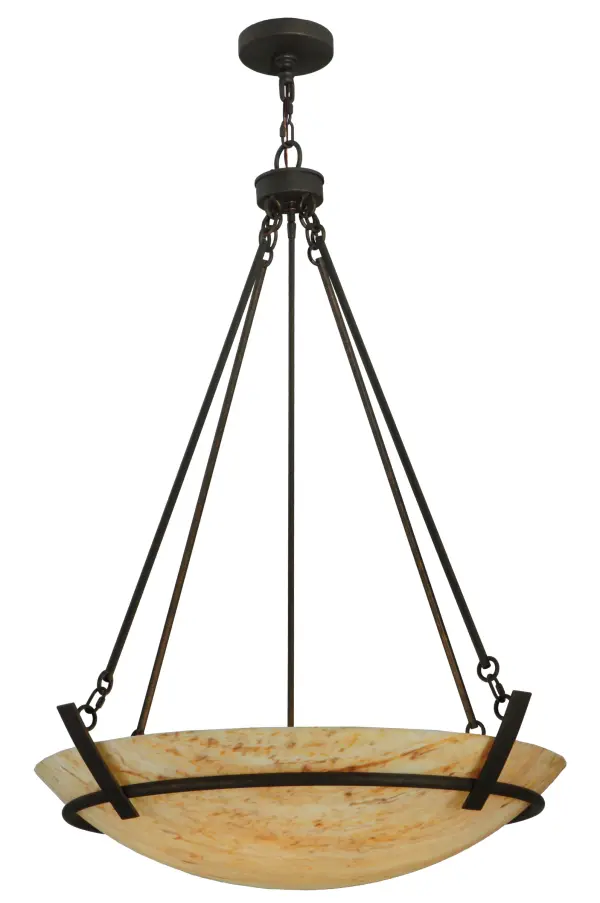 Revealing an elegant transitional element for sophisticated interior decor, Covina features Randsburg Rock Idalight. The diffuser is embraced with a frame, decorative accents and hardware in a handsome Gilded Tobacco finish. The fixture creates soothing illumination for any interior, from a conference room to a hotel lobby to a residential dining room. Handcrafted in the USA, this pendant is available in custom sizes, styles and finishes. Dimmable energy efficient lamping options such as LED are available. This custom pendant is UL and cUL listed for damp and dry locations. Collection: Covina Finish: Gilded Tobacco Glass: Tawnyrock Idalight Width: 36.00" Height: 53.00" Length: 36.00" Weight: 21.00 lb Extension from Wall: 20.00" Number of Bulbs: 6 Maximum Wattage: 60.00 W Bulb Type: A19 Bulb Base: E26 Material: Steel Country of Origin: USA Safety Listing: Damp Safety Rating: Damp