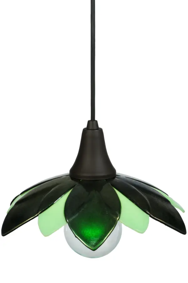 This lovely; floral-styled shade features six Aventurine-colored; petal-shaped pieces of Kiln- Formed Art Glass; designed above six Mint Green glass petals. A single round Edison-style lamp illuminates the art glass petals. The Metro Fusion Bodnant Glass Mini Pendant is included in our American-made; American-designed; handcrafted Quality Bent Glass Collection; which is manufactured in Yorkville; New York. This fixture is UL and cUL listed for dry and damp locations. Each shade is a unique work of art; featuring color variations derived from the natural ingredients inherent in the glass. The Fused Glass Collection was a natural addition to our product offerings; given our long-standing expertise in hot glass fabrication techniques; which we have mastered in our Quality Bent Glass division. Traditional workmanship; high-fire kilns; and original tools are used to slump and fuse glass in the old-world tradition. Pendants; sconces; and other fixtures feature unique glass textures and stunning color/design combinations. Sinks and countertops are extreme examples of these custom capabilities.