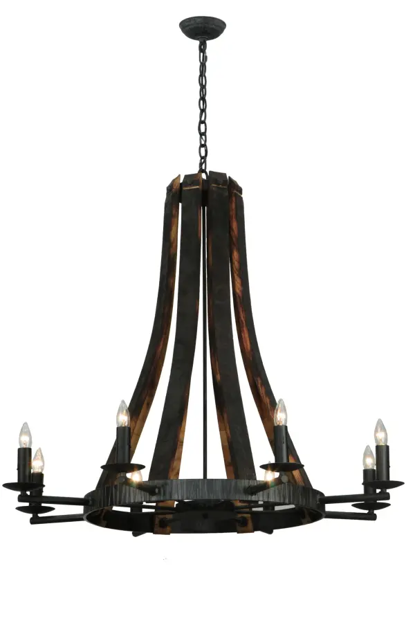 Inspired by Antique Staves traditionally bound by hoops used for beer/whisky barrels and wine casks. This authentic one-of-a-kind chandelier features the Antique Iron Gate finish. Our Sustainable lighting offers a choice of Reclaimed Woods or a combination of Natural Woods/Metals. This vintage look is enhanced with 8 Complementary faux candlelights that line up like soldiers at attention in abeyance of the barrel to which they serve. Overall height ranges from 43 to 112 inches as the chain length can be easily adjusted in the field. Handcrafted in our 180;000 square foot manufacturing facility in Yorkville; NY. Fixture designs; metal finishes and sizes can be customized to meet your needs. UL and cUL listed for damp and dry locations.