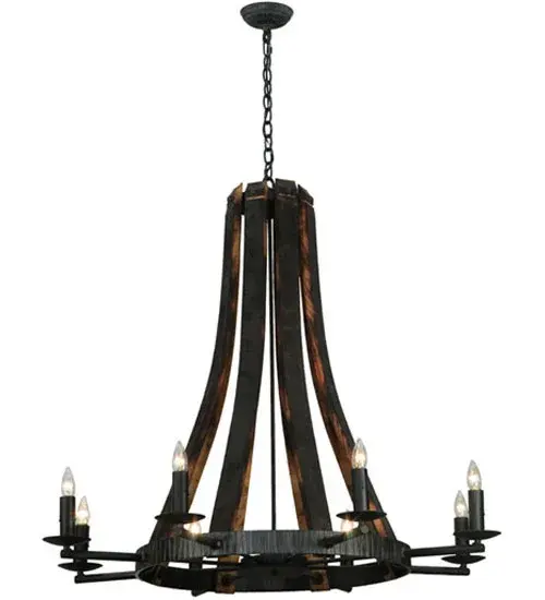 Inspired by Antique Staves traditionally bound by hoops used for beer/whisky barrels and wine casks. This authentic one-of-a-kind chandelier features the Antique Iron Gate finish. Our Sustainable lighting offers a choice of Reclaimed Woods or a combination of Natural Woods/Metals. This vintage look is enhanced with 8 Complementary faux candlelights that line up like soldiers at attention in abeyance of the barrel to which they serve. Overall height ranges from 43 to 112 inches as the chain length can be easily adjusted in the field. Handcrafted in our 180;000 square foot manufacturing facility in Yorkville; NY. Fixture designs; metal finishes and sizes can be customized to meet your needs. UL and cUL listed for damp and dry locations. - alternate view
