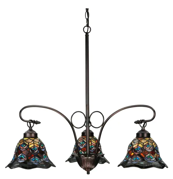 As distinctive as a beautiful Peacock's feathers; no two shades will ever be the same as their individuality can be as remarkably unique as their personality. This artistic creation utilizes swirling opalescent art glass background combinations including Beige Amber; Yellow Pinks; Red Purples; Golden Blues and Greens; Ivories; Bluish Whites; Turquoise Blues; Periwinkle; Olive and Spring Greens; Pale Yellow; Amethyst; Emerald and Topaz. The eye of the plumage design reveals Purples; Pastel Blues; Teals; Cobalt and Ivories. Individual pieces of glass are hand cut and wrapped using Meyda Tiffany's famous copperfoil construction. Each shade is a unique work of art with color variations based on natural ingredients inherent in the glass. Mahogany Bronze finish.
