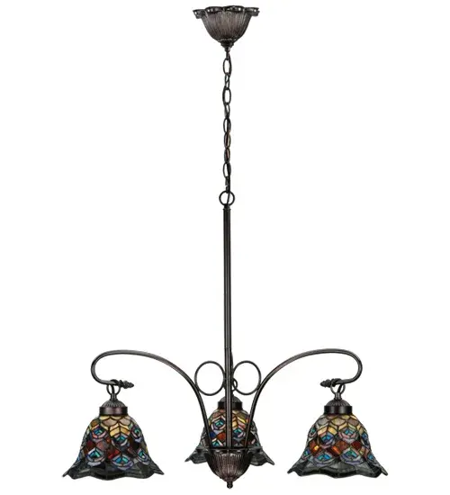 As distinctive as a beautiful Peacock's feathers; no two shades will ever be the same as their individuality can be as remarkably unique as their personality. This artistic creation utilizes swirling opalescent art glass background combinations including Beige Amber; Yellow Pinks; Red Purples; Golden Blues and Greens; Ivories; Bluish Whites; Turquoise Blues; Periwinkle; Olive and Spring Greens; Pale Yellow; Amethyst; Emerald and Topaz. The eye of the plumage design reveals Purples; Pastel Blues; Teals; Cobalt and Ivories. Individual pieces of glass are hand cut and wrapped using Meyda Tiffany's famous copperfoil construction. Each shade is a unique work of art with color variations based on natural ingredients inherent in the glass. Mahogany Bronze finish. - alternate view