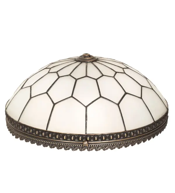 Embrace the timeless look of this classic lighting design. A Clear Frosted hand-curved art glass shade features a Honeycomb pattern enhanced with Brass filigree accents finished in Antique Brass; highlighted to reveal an eye-catching dimensional look. The shade is ideal for pairing with hardware to build ceiling fixtures or with a base to create table or floor lamps. The Vincent Honeycomb Shade is featured in our American-made; American-designed; handcrafted Quality Bent Glass Collection; which is manufactured in Yorkville; New York. The Quality Bent Glass division of Meyda Tiffany has been in the making for over 100 years. The company revolutionized the manufacturing process for high-temperature glass forming by custom building production capacity glass forming ovens and kilns. Today; we are still creating timeless masterpieces using tools and methods from when we supplied Tiffany Studios.