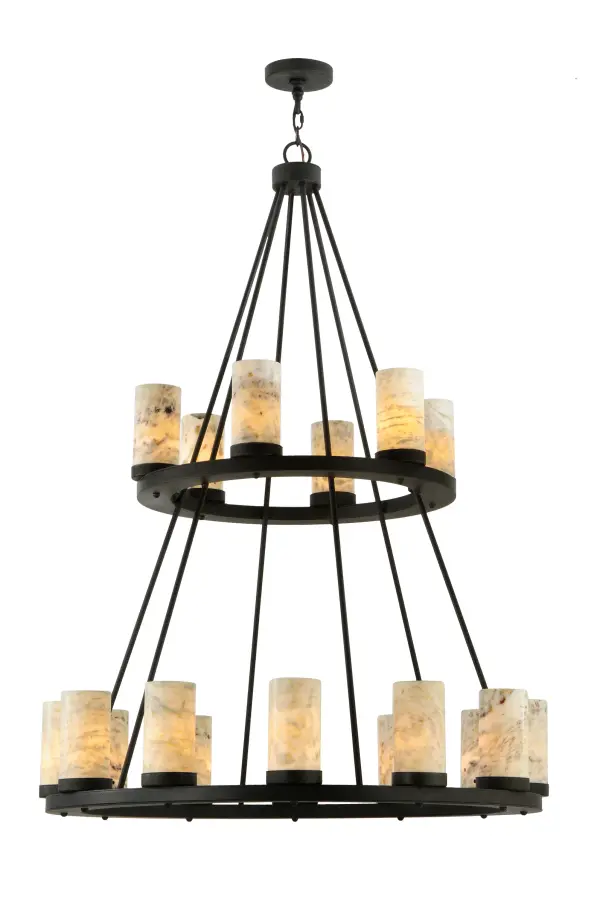 Replicating an old world chandelier of yore; Loxley was custom crafted with 18 White/Light Green Jadestone Cylindres on two decorative rings suspended by chains hand finished in Chestnut. Ideal for illuminating dining areas; conference tables; lobbies and other residential and commercial spaces. Handcrafted by highly skilled artisans in the USA; in our manufacturing facility in Yorkville; NY. Custom colors; styles and sizes available. Energy efficient lamping options.