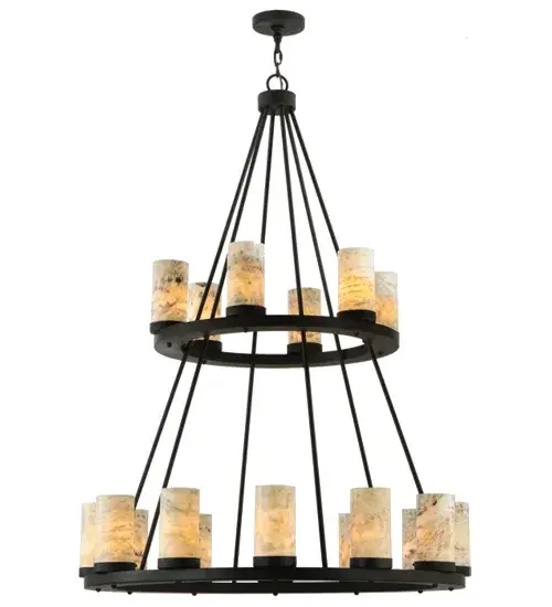 Replicating an old world chandelier of yore; Loxley was custom crafted with 18 White/Light Green Jadestone Cylindres on two decorative rings suspended by chains hand finished in Chestnut. Ideal for illuminating dining areas; conference tables; lobbies and other residential and commercial spaces. Handcrafted by highly skilled artisans in the USA; in our manufacturing facility in Yorkville; NY. Custom colors; styles and sizes available. Energy efficient lamping options. - alternate view