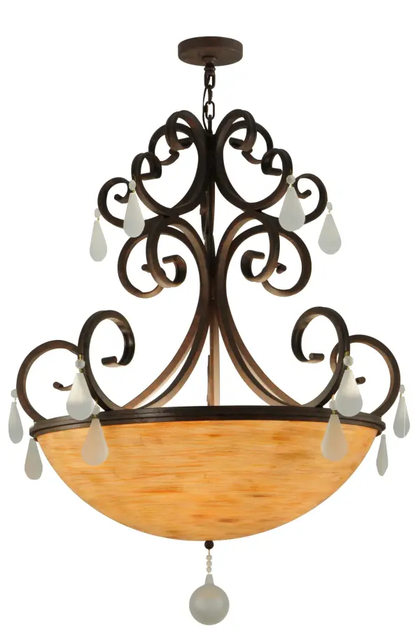 Graceful elegance and luxurious sophistication are reflected in this alluring lighting masterpiece. This lovely inverted pendant renders an exquisite design featuring a Handpainted Custom Idalight shade which is adorned with Frosted Crystal Teardrop Pendalogs and Orb finial. The shade is enhanced with Hand Forged Iron Scrollwork in a Cajun Spice finish. The overall height ranges from 56 to 115 inches as the chain length can be easily adjusted in the field to accommodate your specific lighting application needs. Handcrafted in our 180;000 square foot manufacturing facility in Yorkville; New York. Shade colors; metal finishes and fixture sizes can be customized. UL and cUL listed for dry and damp locations.