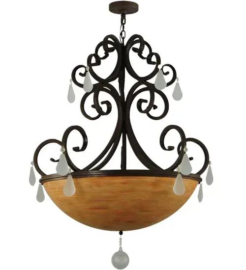 Graceful elegance and luxurious sophistication are reflected in this alluring lighting masterpiece. This lovely inverted pendant renders an exquisite design featuring a Handpainted Custom Idalight shade which is adorned with Frosted Crystal Teardrop Pendalogs and Orb finial. The shade is enhanced with Hand Forged Iron Scrollwork in a Cajun Spice finish. The overall height ranges from 56 to 115 inches as the chain length can be easily adjusted in the field to accommodate your specific lighting application needs. Handcrafted in our 180;000 square foot manufacturing facility in Yorkville; New York. Shade colors; metal finishes and fixture sizes can be customized. UL and cUL listed for dry and damp locations. - alternate view