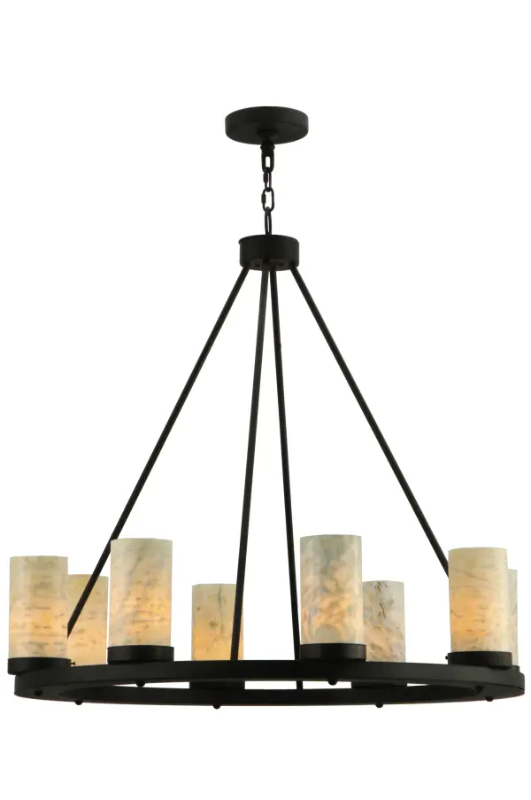 Replicating an old world chandelier of yore; Loxley was custom crafted with 8 White/Light Green Jadestone Cylindres on a decorative ring hand finished in Chestnut. Ideal for illuminating dining areas; conference tables; lobbies and other residential and commercial spaces. Handcrafted by Meyda artisans in the USA; in our manufacturing facility in Yorkville; NY. Custom colors; styles and sizes available. Energy efficient lamping options.