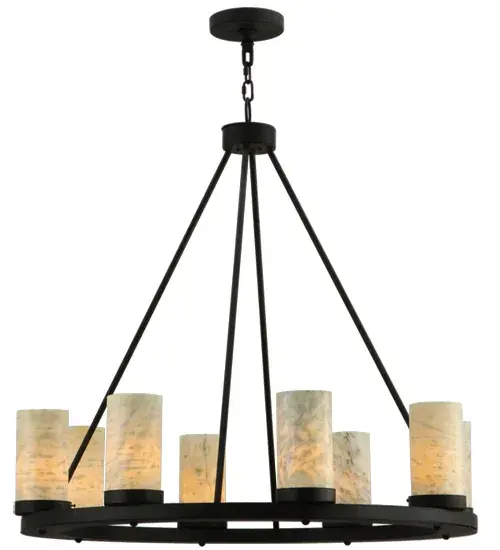 Replicating an old world chandelier of yore; Loxley was custom crafted with 8 White/Light Green Jadestone Cylindres on a decorative ring hand finished in Chestnut. Ideal for illuminating dining areas; conference tables; lobbies and other residential and commercial spaces. Handcrafted by Meyda artisans in the USA; in our manufacturing facility in Yorkville; NY. Custom colors; styles and sizes available. Energy efficient lamping options. - alternate view