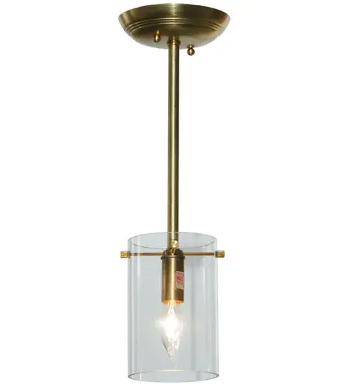 Blending an exquisite style with a classic distinguished look; Bakersfield is custom crafted with a Clear Glass Cylinder that reveals a customer supplied candelabra with a cover to match the hardware in a Brass finish. Custom crafted by highly skilled artisans at our 180;000 square foot manufacturing facility in Yorkville; NY; this fixture is available in custom colors; styles; and sizes; as well as dimmable; energy efficient lamping such as LED. The mini pendant is UL and cUL listed for dry and damp locations. - alternate view