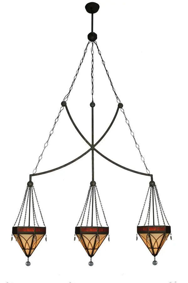 An eclectic elegance evokes with this Larkfield pendant. Three Travertine Idalight shades feature an abstract expressionist pattern and are complemented with Maduro Idalight trim. Shades are embraced by a creative suspension configuration for a graceful aesthetic and support. Crystal Pendalogues and a Crystal Orb accent this fixture. The sconce is enhanced with the Capri handpainted premium finish. Ideal for installation above a counter; billiard table; bar or island. Handcrafted by highly skilled artisans in our 180;000 square foot manufacturing facility in Yorkville; New York. Shade colors; metal finishes and sizes can be customized to your specifications. UL and cUL listed for dry and damp locations.