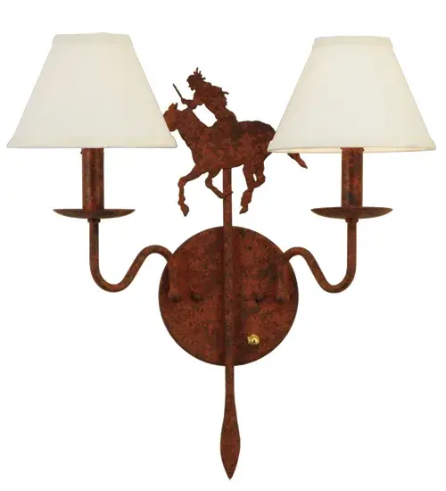 Running wild and free into the sunset; this Native American Brave is shown galloping on his trusted horse. The metal figure is flanked by two Natural Linen Shades perched on complementary faux candlelights. The fixture is enhanced with a Rusty Nail finish. This exquisite Brave's Run Wall Sconce is Domestically produced in our 180; 000 square foot manufacturing facility in Yorkville; New York. Customize diffuser colors; metal finishes and fixture sizes to your preference. UL and cUL listed for dry and damp locations; however we do not recommend installing it in spaces that experience a large amount of moisture due to the fabric shades. - alternate view