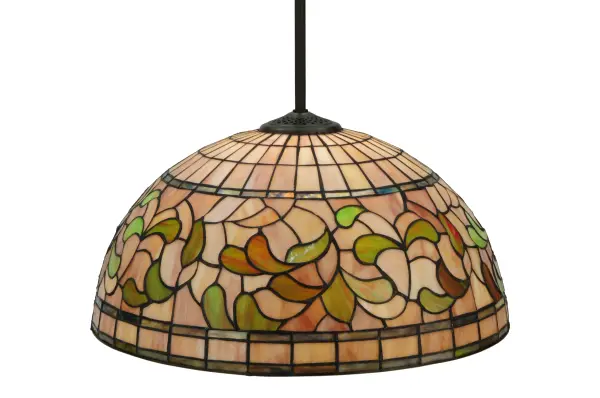 Subtle toned Autumn Gold, Russet and Moss Green leaves swirl against an Amber Mauve background in this Tiffany Studio stained glass reproduction. The shade is enhanced with bands of Purple, Blue and Green and created using the famous Meyda Tiffany copperfoil construction process. This elegant art glass pendant features Mahogany Bronze finished hardware. Every Meyda Tiffany item is a unique handcrafted work of art. Natural variations in the glass colors make every item a masterpiece of its own. UL and cUL listed for dry locations. Collection: Tiffany Turning Leaf Finish: Oil Rubbed Bronze Glass: Stained Glass Width: 20.00" Height: 64.00" Length: 20.00" Weight: 10.00 lb Extension from Wall: 24.00" Number of Bulbs: 1 Maximum Wattage: 60.00 W Bulb Type: A19 Bulb Base: E26 Material: Steel Country of Origin: USA Safety Listing: Damp Safety Rating: Damp