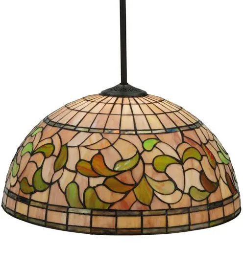 Subtle toned Autumn Gold, Russet and Moss Green leaves swirl against an Amber Mauve background in this Tiffany Studio stained glass reproduction. The shade is enhanced with bands of Purple, Blue and Green and created using the famous Meyda Tiffany copperfoil construction process. This elegant art glass pendant features Mahogany Bronze finished hardware. Every Meyda Tiffany item is a unique handcrafted work of art. Natural variations in the glass colors make every item a masterpiece of its own. UL and cUL listed for dry locations. Collection: Tiffany Turning Leaf Finish: Oil Rubbed Bronze Glass: Stained Glass Width: 20.00" Height: 64.00" Length: 20.00" Weight: 10.00 lb Extension from Wall: 24.00" Number of Bulbs: 1 Maximum Wattage: 60.00 W Bulb Type: A19 Bulb Base: E26 Material: Steel Country of Origin: USA Safety Listing: Damp Safety Rating: Damp - alternate view