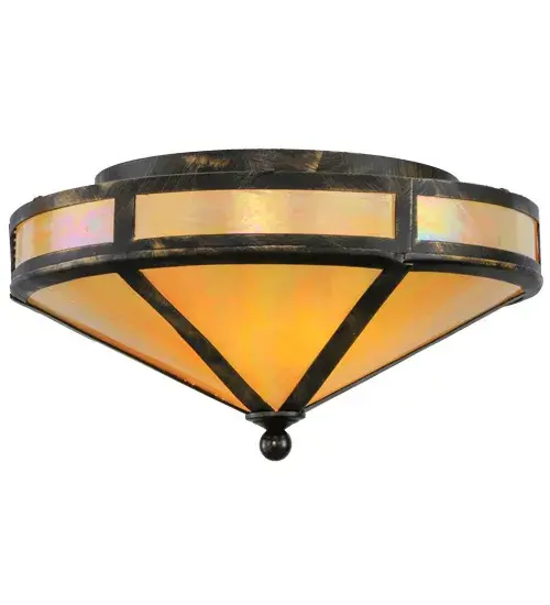 Evocative of the American Craftsman Design Movement. This handsome ceiling fixture will add warmth and authentic appeal to interior spaces while creating a visually pleasing experience with welcoming ambient light. A stunning Beige Iridescent Glass diffuser is complemented with an Antique Black finish. Handcrafted by highly skilled artisans in our 180;000 square foot manufacturing facility in Yorkville; New York. Shade colors; metal finishes and fixture sizes can be customized to your needs. UL and cUL listed for dry and damp locations.