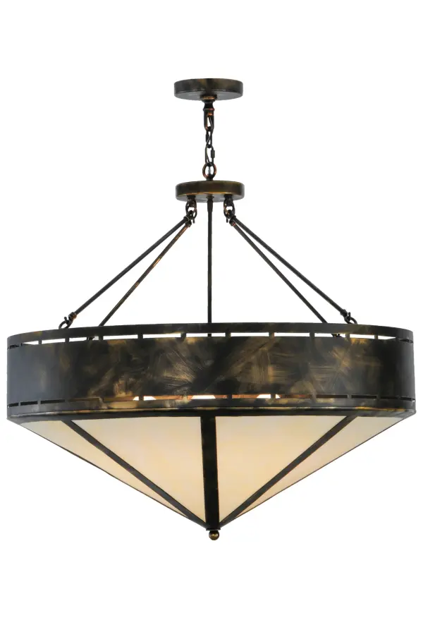 Evocative of the American Craftsman Design Movement. This handsome ceiling fixture will add warmth and authentic appeal to interior spaces while creating a visually pleasing experience with welcoming ambient light. A Botticino Idalight diffuser is complemented with a stunning Timeless Bronze finished Band around the perimeter above.? The overall height ranges from 39 to 74 inches as the chain length can be easily adjusted in the field to accommodate your specific lighting application needs.? Custom crafted by highly skilled artisans in our 180;000 square foot manufacturing facility in Yorkville; NY. Shade colors; metal finishes and pendant sizes can be customized. UL and cUL listed for dry and damp locations.