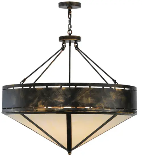 Evocative of the American Craftsman Design Movement. This handsome ceiling fixture will add warmth and authentic appeal to interior spaces while creating a visually pleasing experience with welcoming ambient light. A Botticino Idalight diffuser is complemented with a stunning Timeless Bronze finished Band around the perimeter above.? The overall height ranges from 39 to 74 inches as the chain length can be easily adjusted in the field to accommodate your specific lighting application needs.? Custom crafted by highly skilled artisans in our 180;000 square foot manufacturing facility in Yorkville; NY. Shade colors; metal finishes and pendant sizes can be customized. UL and cUL listed for dry and damp locations. - alternate view