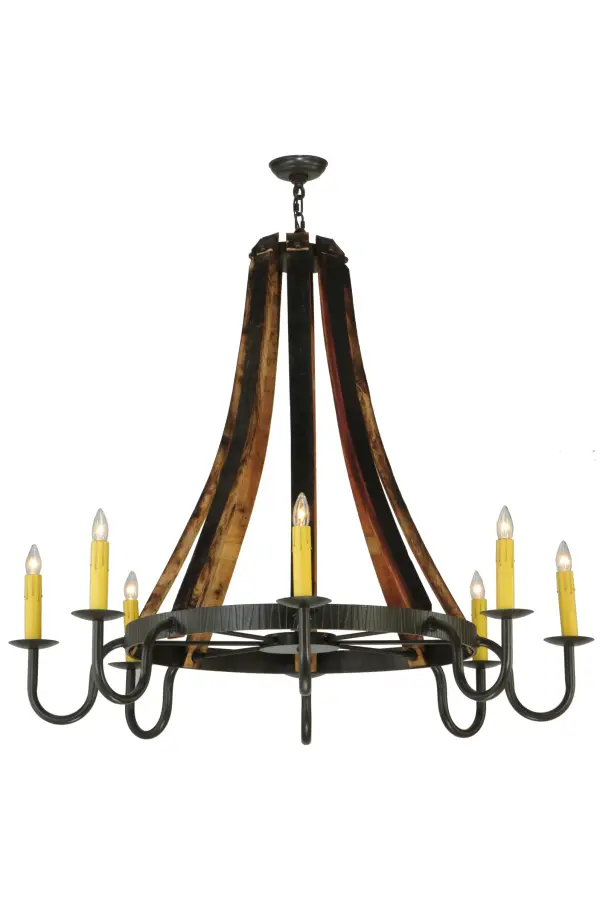 Rustic charm blends tastefully with distinctive character and simplicity. Inspired by Antique Staves traditionally bound by hoops used for beer/whisky barrels and wine casks. This authentic chandelier features a Rusty Nail finish. Our Sustainable lighting offers a choice of Reclaimed Woods or Natural Wood/Metal combinations. Enhanced with 8 Ivory faux candlelights that line up like soldiers at attention in abeyance of the barrel to which they serve. Overall height ranges from 47 to 117 inches as chain length can be easily adjusted in the field. Handcrafted in our 180,000 square foot manufacturing facility in Yorkville, NY. Fixture designs, metal finishes and chandelier sizes can be customized. UL and cUL listed for damp and dry locations. Collection: Barrel Stave Finish: Timeless Bronze Glass: Chocolate Width: 48.00" Height: 46.50" Length: 48.00" Weight: 47.00 lb Number of Bulbs: 8 Maximum Wattage: 60.00 W Bulb Type: F15 Bulb Base: E26 Material: Steel Country of Origin: USA Safety Listing: Damp Safety Rating: Damp