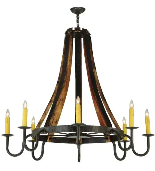 Rustic charm blends tastefully with distinctive character and simplicity. Inspired by Antique Staves traditionally bound by hoops used for beer/whisky barrels and wine casks. This authentic chandelier features a Rusty Nail finish. Our Sustainable lighting offers a choice of Reclaimed Woods or Natural Wood/Metal combinations. Enhanced with 8 Ivory faux candlelights that line up like soldiers at attention in abeyance of the barrel to which they serve. Overall height ranges from 47 to 117 inches as chain length can be easily adjusted in the field. Handcrafted in our 180,000 square foot manufacturing facility in Yorkville, NY. Fixture designs, metal finishes and chandelier sizes can be customized. UL and cUL listed for damp and dry locations. Collection: Barrel Stave Finish: Timeless Bronze Glass: Chocolate Width: 48.00" Height: 46.50" Length: 48.00" Weight: 47.00 lb Number of Bulbs: 8 Maximum Wattage: 60.00 W Bulb Type: F15 Bulb Base: E26 Material: Steel Country of Origin: USA Safety Listing: Damp Safety Rating: Damp - alternate view