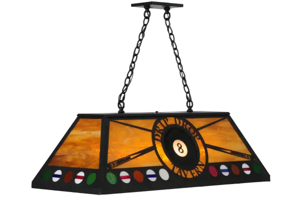 This 8 Ball billiard oblong stained glass pendant is personalized with the Drip Drop Tavern name accented on a Honey glass background. The design features cue sticks and a border of various billiard balls including Red; Green; White and Orange. The hardware is featured in a bold Textured Black finish. The overall height of this pendant ranges from 25.5 to 72 inches as the chain length can be easily adjusted in the field to accommodate your specific lighting application needs. This personalized item is shown as an example of our craftsmanship and custom capabilities. It is not for sale 'as is.' Let us Put Your Name in Lights as we will customize this pendant with your business message and logo or family name.