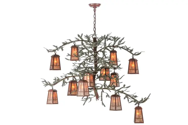 This spectacular Nature-inspired chandelier is handcrafted with 12 small Silver Mica lanterns that are attached to pine branch-shaped arms accented with Green hand painted pine needles. ?The hardware is finished in Rust. American craftsmanship unites with the unparalleled beauty of Mother Nature in Meyda's facility; at the foothills of the Adirondack Mountains.